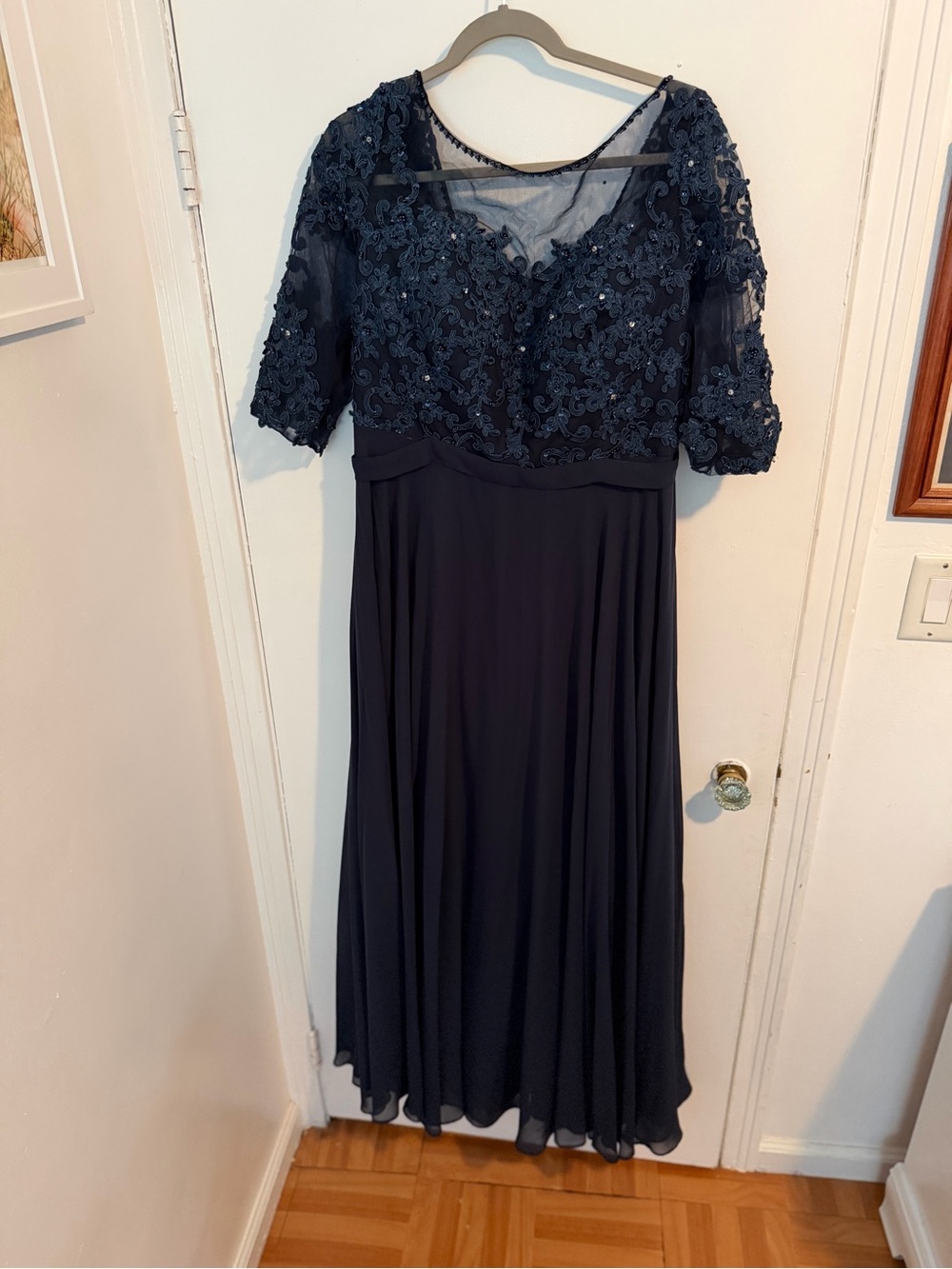 JJs House Navy Beaded Lace A-Line Evening Gown